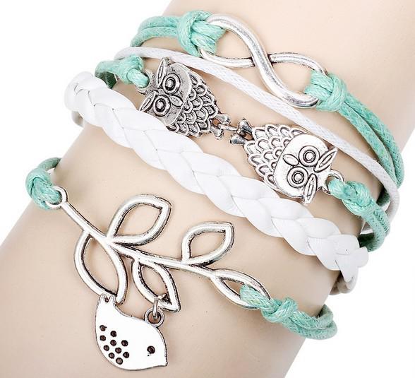 Antique Silver Charm Owl Infinite Trees Geniune Leather Bracelet Vintage Women Jewelry