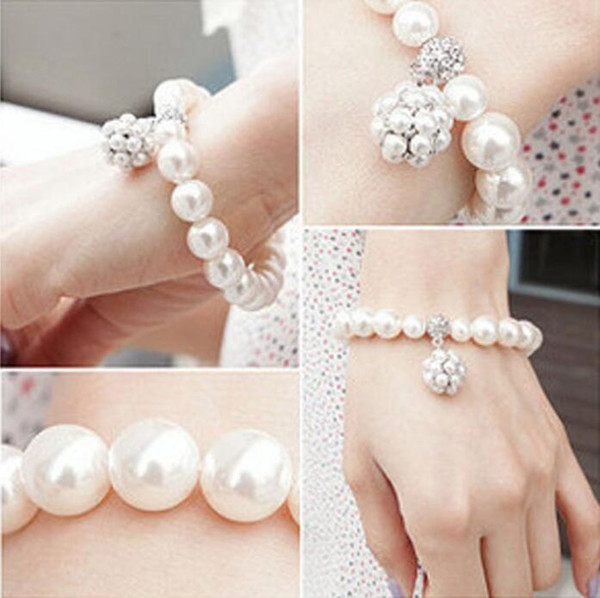 Elegant Crystal Pearl Bridal Wedding Jewelry Pearl Charm Bracelets Girls Women Crystal Pearl Bracelet Cuff Bangle Wristband Woman's Gift