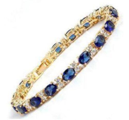 free shipping > Fine Blue Stone Sapphire 18K gold on silver Bracelet 7.5