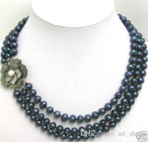 3Row 7-8mm Black pearl Necklace Flwoer Shell Clasp