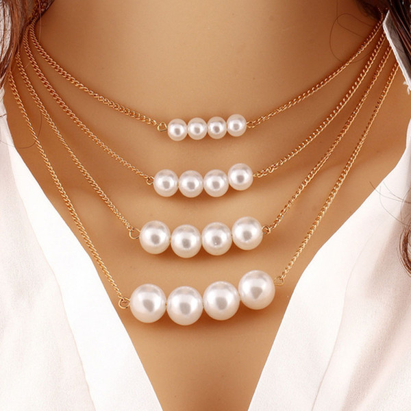 Gold layer chain pearl necklace gold body alloy jewelry pearl necklace pendants big pearls multi-layer chain bar necklace 4 styles