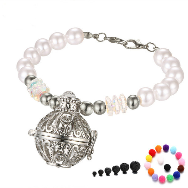 Essential Oil and Perfume Diffuser Locket Bracelet Aromatherapy Charm Locket Bangle with Lava Beads Pearl Beaded Bracelets