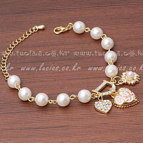 2017 hot sale alloy silver/gold plated pearls cute simple style link chain bracelets for women