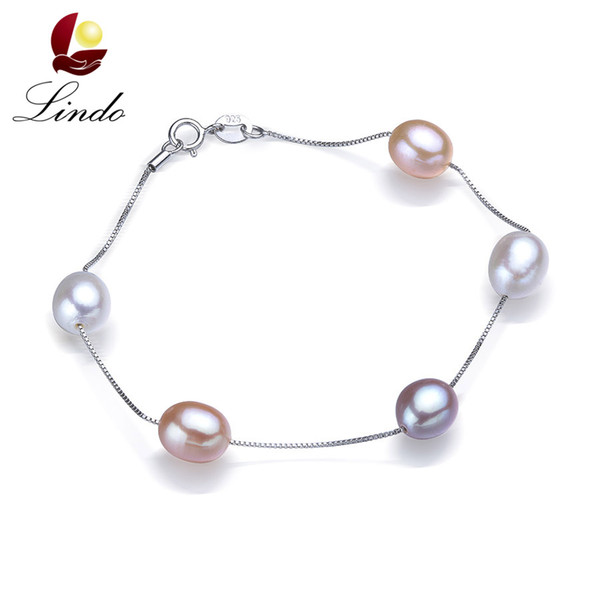 Elegant Natural Freshwater Pearl Bracelet Fashion 925 Silver Link Chain Gift for Women with Gift Box