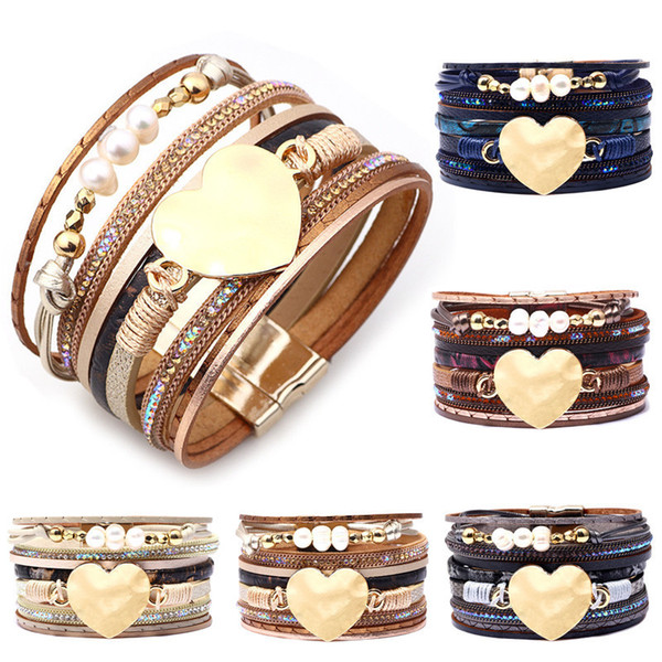 Heart Multilayer Leather Wide Cuff Handmade Wristbands Wrist Braided Magnetic Buckle Pearl Bangle Bracelet for Women Girls