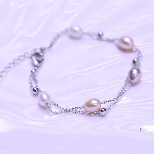 Factory direct fashion silver plated handmade chain with 4 pieces freshwater rice pearls Bracelet adjustable Charms Women's Gift SZ1H004