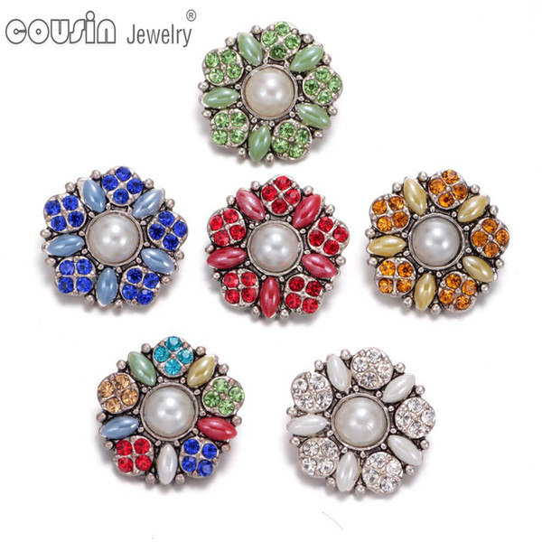 Wholesale 6 Colors Mixed flower pattern Pearl Rhinestone snap button Fit 18mm snap button Bracelets&Necklace For snap Jewelry KZ0344