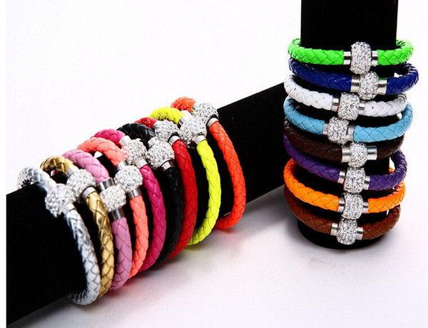 New 16 colors MIC Shambhala Weave Leather Czech Crystal Rhinestone Cuff Clay Magnetic Clasp Bracelets Bangle