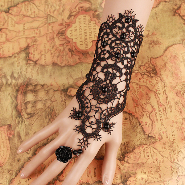 Retro Gothic Exaggerated Bride Gloves Black Lace Wedding Dress Accessories Bridesmaid Studio Jewelry Bracelet with Ring