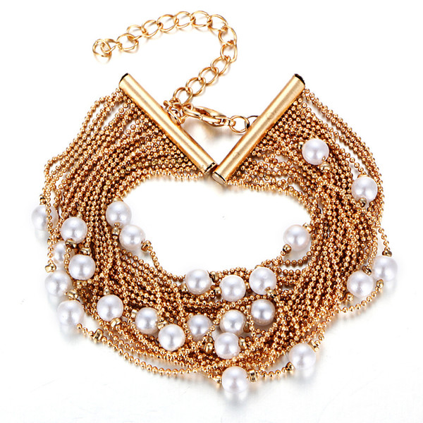 New Jewelry Fashion Personality Multilayer Pearl Bracelet Golden Punk Bracelet Women Wholesale Jewelry for gift