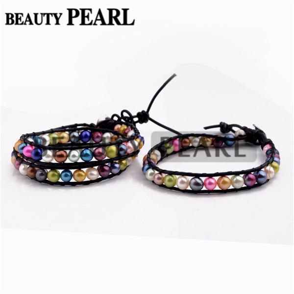 Pearl Beaded Strands Leather Wrap Bracelet Multi-color Freshwater Pearls Handmade Jewelry Bracelet Pearl Accessories 3 Pieces