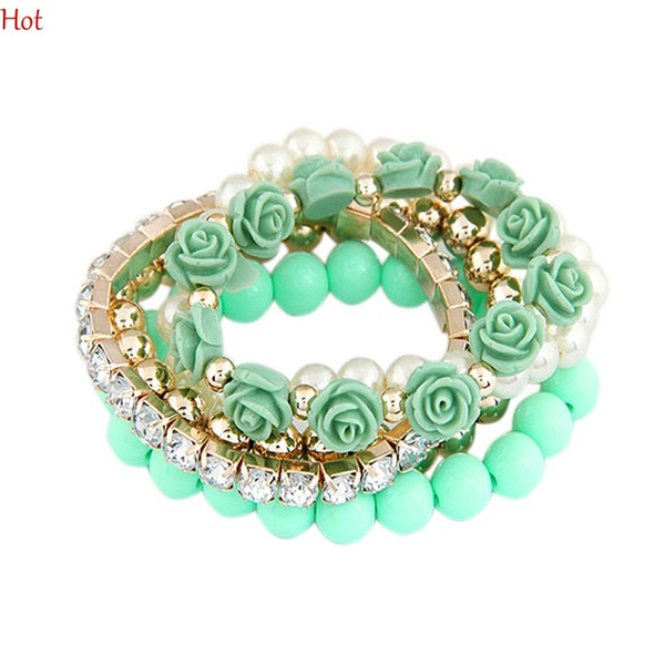 2015 Trendy Fashion Bracelet Candy Color Pearl Rose Flower Stretch Bracelet Multilayer Charm Bracelet Bangle For Women Fashion Jewelry 18992