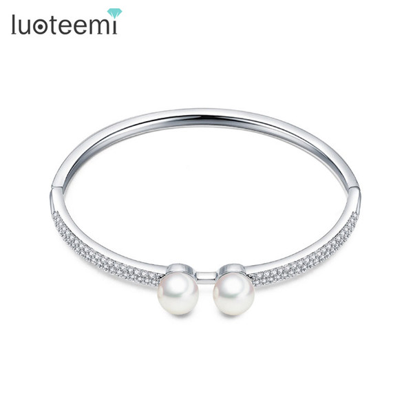 LUOTEEMI New Korea Style Cuff Bracelet Micro Paved Tiny CZ with Two Imitation Pearls Bangles Pulseiras Jewelry for Women Wedding