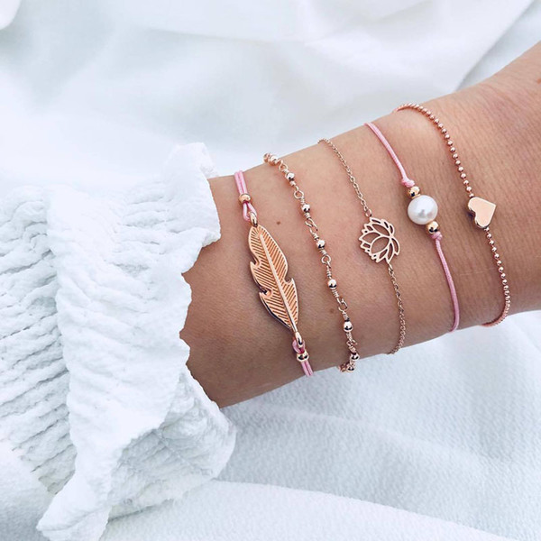 5PCS bracelet set with Woven Pearl love leaf bracelets cuff hand chain 2018 Trend jewelry set for women