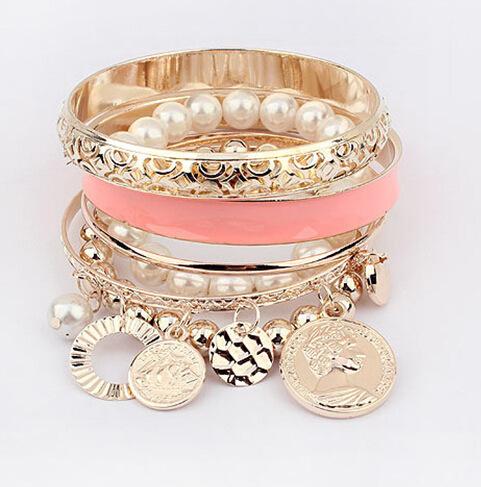 6 Colors Fashion Pearl Hollow Multilayer Bangle Bracelet Women Charm Bracelets Red/Black/Orange/Pink/Green/Beige 6pcs/set Pendant Bracelet