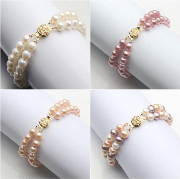 Handmade 2rows pink white purple black color 7-8 mm natural freshwater aquaculture pearl bracelet 19cm fashion jewelry