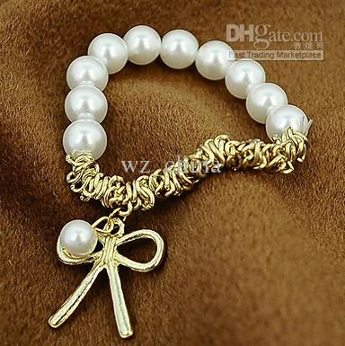 NEW!Gold/Silver Plating BOW-Knot Pearl Beads Braided Wrap Wristband Bracelets For Women/Ladies Black/white Freeshipping