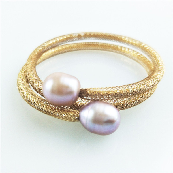 Open type bracelet new Simple Natural Freshwater Pearls 12-16mm gold silver plated Net yarn with rhinestones Bracelets