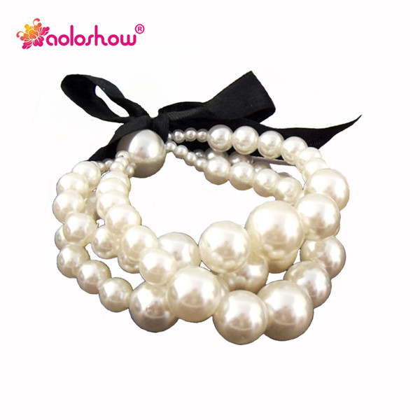 3 Rows Black Lace Bowknot White Imitation Pearl Bracelet Women Jewelry Stretchable Size Charms Beads Bracelet BR-959