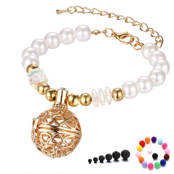 Aromatherapy Diffuser Charm Bracelets for Women Gold Silver Heart Shape Essential Oil Bracelets Pearls Beaded Bracelet Jewelry