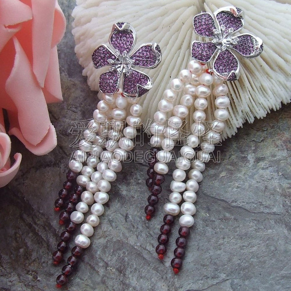 E071714 3.4'' White Pearl Round Garnet Earrings Cz Pave Flower Stud