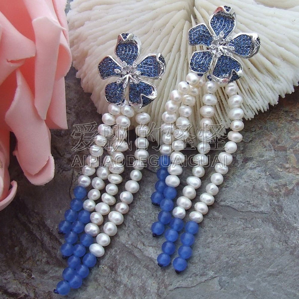 E072113 White Pearl Blue Stone Earrings Cz Pave Flower Stud