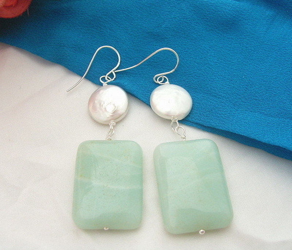 White Coin Pearl Amazonite Silver Hook Earrings