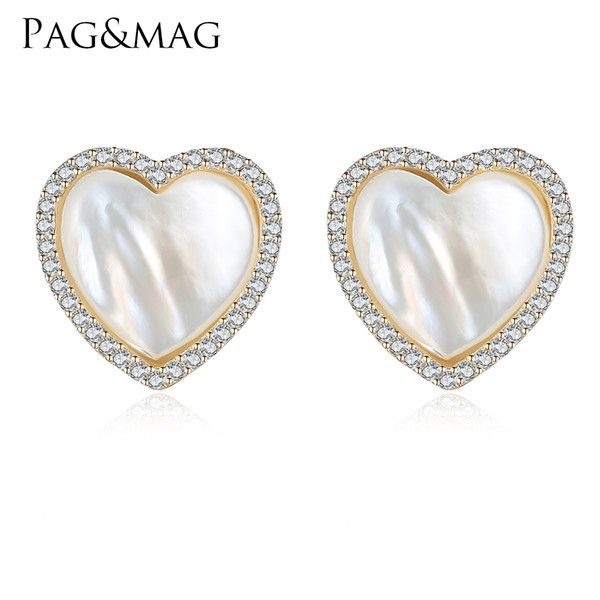 PAG&MAG Brand 2017 Hot Trendy Style 925 Sterling Silver Heart Shell Pearl Stud Earrings For Women Engagement Jewelry Free Box