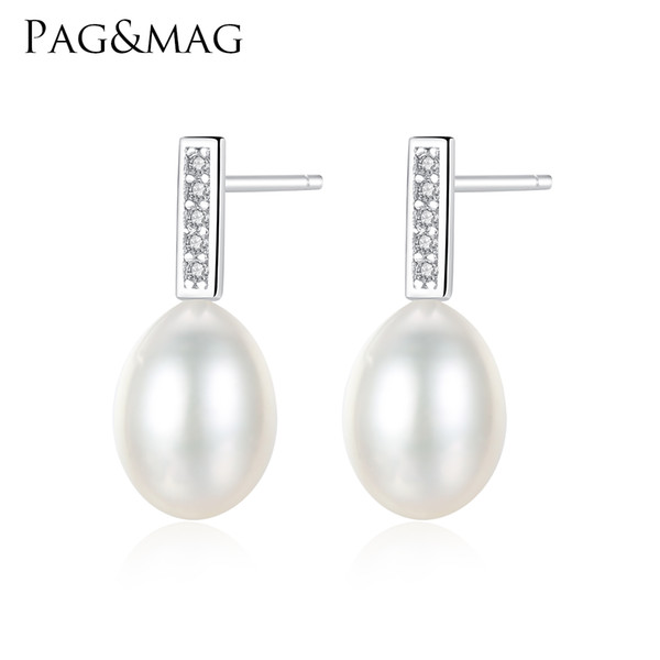 PAG&MAG 925 Silver Girl Simple Studs Earrings Fine Jewelry 7-8mm Natural Pearl Earrings For Women Boucles D'oreilles Femmes