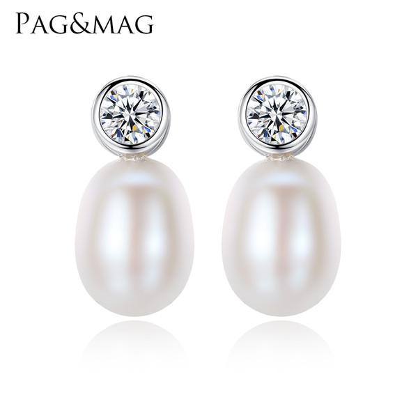 PAG&MAG Brand Charm Simple 925 Sterling Silver Freshwater Pearl Stud Earrings For Women Engagement Jewelry Accessories