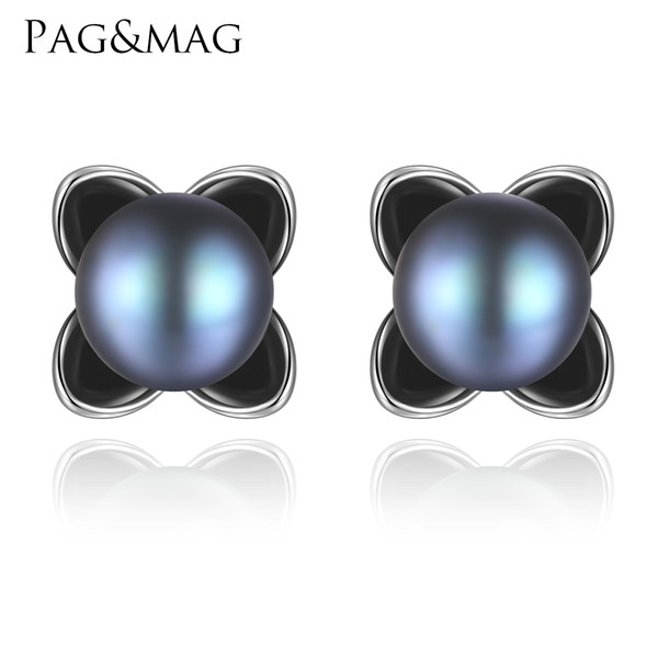 PAG&MAG Brand High Quality Natural Freshwater Pearl Earrings For Women Noble Style Stud Earrings White/Black 925 Silver Jewelry