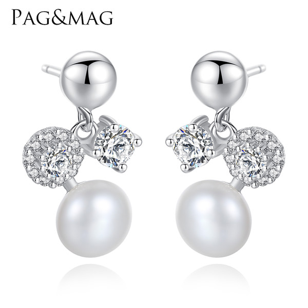 PAG&MAG Popular Korean Style Natural Pearl Bling CZ Crystal Geometric Shape Sterling Silver Stud Earrings For Women Fine Jewelry