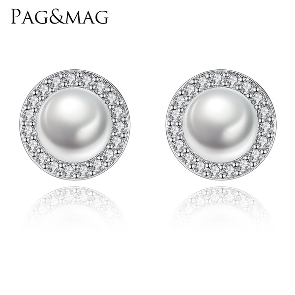 PAG&MAG High Quality Solid Silver Jewellery Women 100%Natural Freshwater Pearl Stud Earrings Jewelry Wedding Small Round Earring