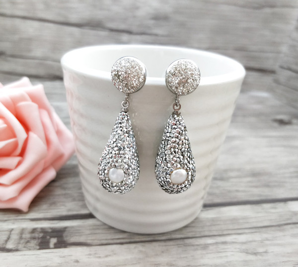 1 pair Fashion Jewelry Teardrop Shape Earrings,handmade Pave Rhinestone crystal pearl bead Dangle Earrings ER696