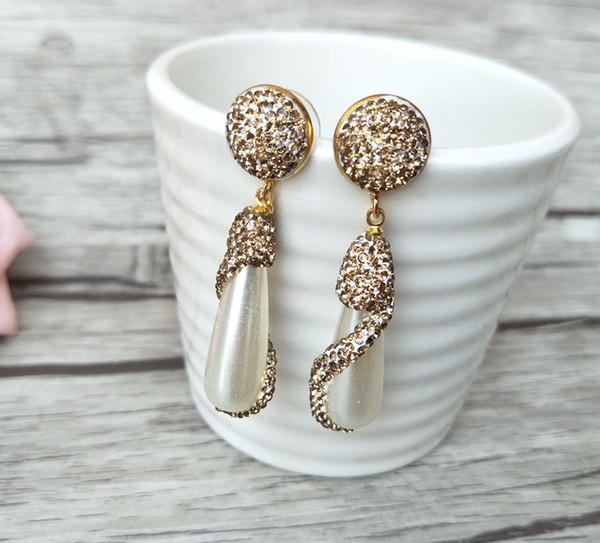 Teardrop Golden Crystal Earrings, Paved Rhinestone,Mother of pearl Beads, Dangle Handmade Jewelry For Women ER239