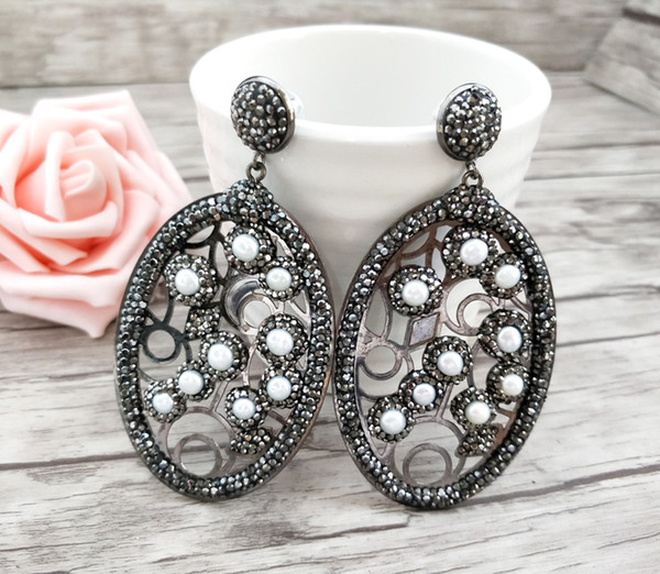 1 pair Fashion water-drop earrings Pave Black Rhinestone pearl Earrings charm Handmade Jewelry For Women ER669