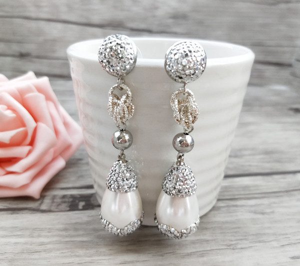 1 pair Fashion Jewelry Teardrop Shape Earrings,handmade Pave Rhinestone crystal pearl bead Dangle Earrings ER697