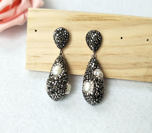 Fashion Jewelry Teardrop Shape Earrings,handmade Pave Rhinestone pearl bead charm Dangle Earrings for women ER481