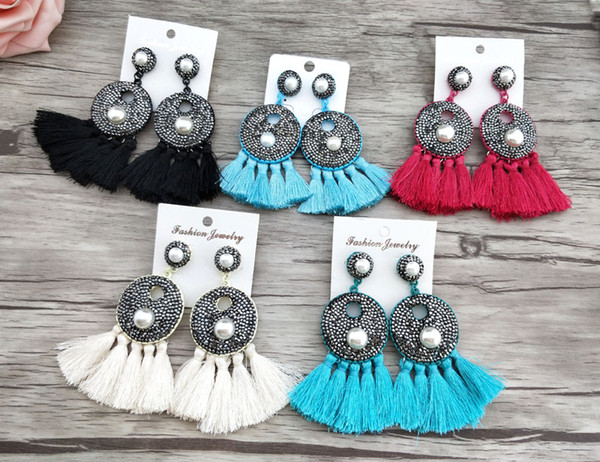 Cotton Silk Tassel Earrings,Pearl Pave Rhinestone Tassel for Women Jewelry Bohemia Earrings Christmas gift ER644