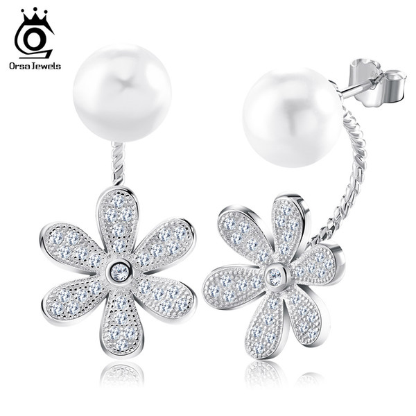 Fashion Genuine 925 Sterling Silver Crystal Flower Earrings Jewelry Femme Imitation Pearl Stud Earrings for Women SE11