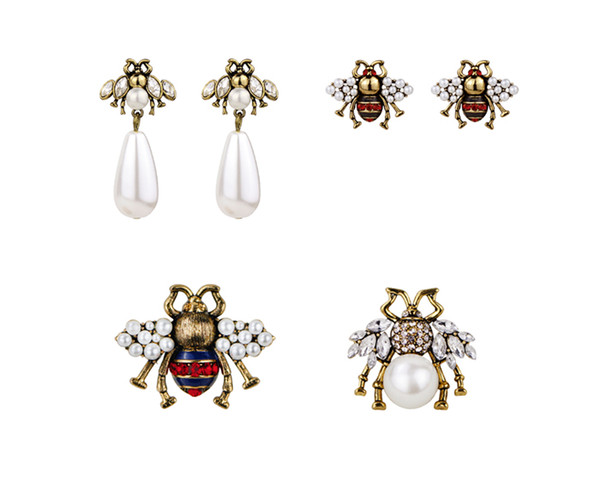 Women Brand Fashion Cute crystal bees stud earrings female vintage pearl earrings enamel animal jewelry wedding brincos accessories