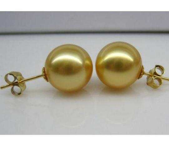 NATURE 12MM AAA GOLDEN SHELL PEARL EARRING 14K GOLD CLASP