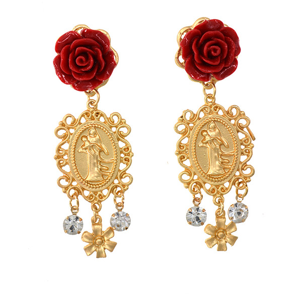 Fashion Women Vintage Rhinestone Baroque Style Luxury Crystal Elegant Flowers Exaggerated Long Dangle Jewelry Earrings