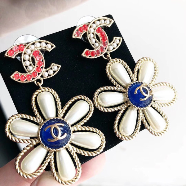 Hot sale Top brass material charm drop earring with pearl and logo stud Earring jewelry for women gift drop shipping PS5787