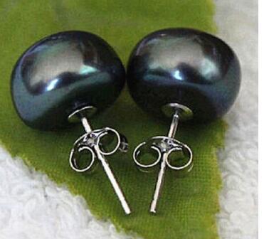 Free shippingry00595 Genuine Cultured Freshwater 10-11mm Black Pearl Stud Earrings Silver A0422