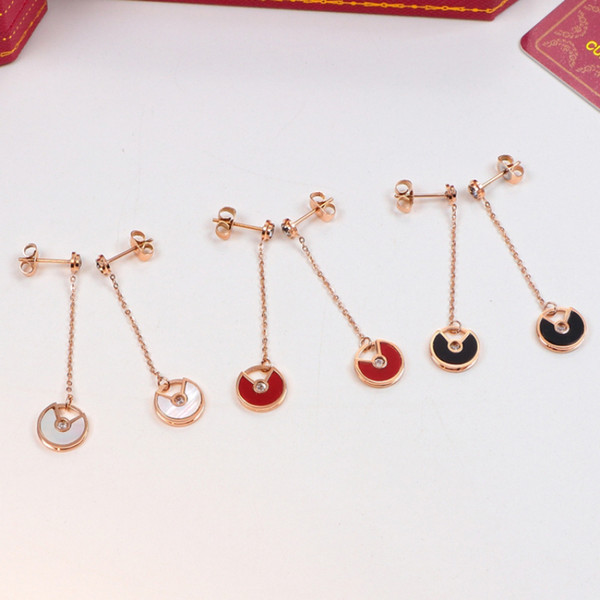 High quality 18K Rose gold plated amulet Pendant tassel Earring with Black Red White stone Fashion Women Dangle Earrings Original box