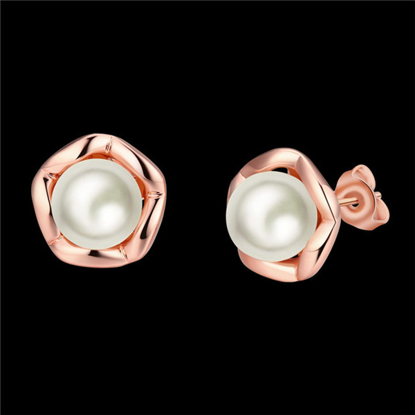 2016 New Design Real 18K rose gold plated pearl stud earrings fashion jewelry wedding gift for woman Top quality free shipping