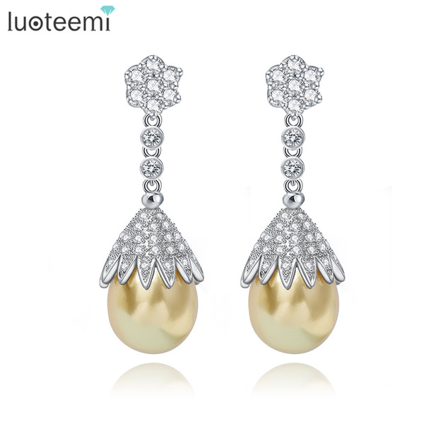 LUOTEEMI Vintage Jewelry Big Grey Yellow White Imitation Pearl Drop Earrings Statement Tiny CZ Crystals Flower Brincos For Party