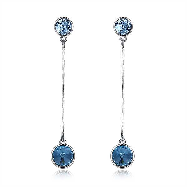 S925 Jewelry 925 Sterling Silver Earrings inlaid Blue Crystal Long Drop Dangle Earrings Women Austrian Original Crystal Wedding Jewelry