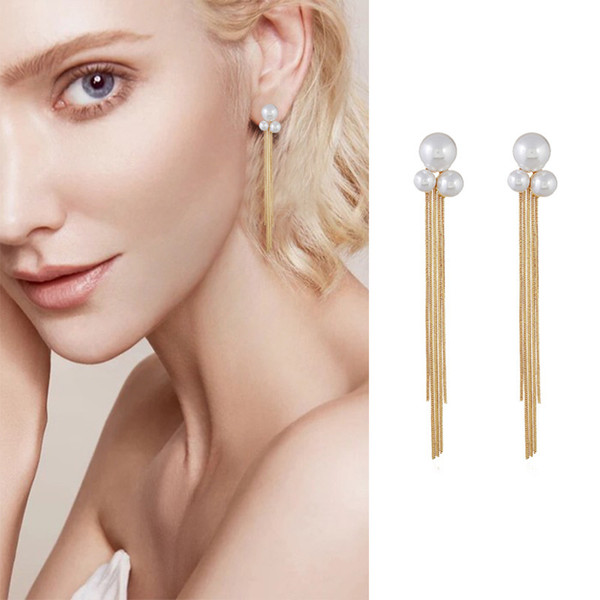 Yiwu manufacturers jewelry wholesale Korean fashion gold earrings personalized long silver imitation pearl tassel dangler